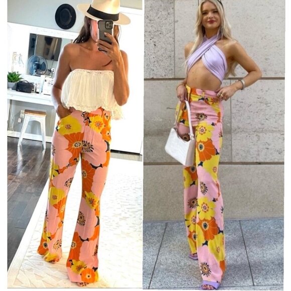 Zara Floral Print Flare Pants Sz.S Pink High Rise Viscose Dopamine Blogger Fav - Picture 3 of 16